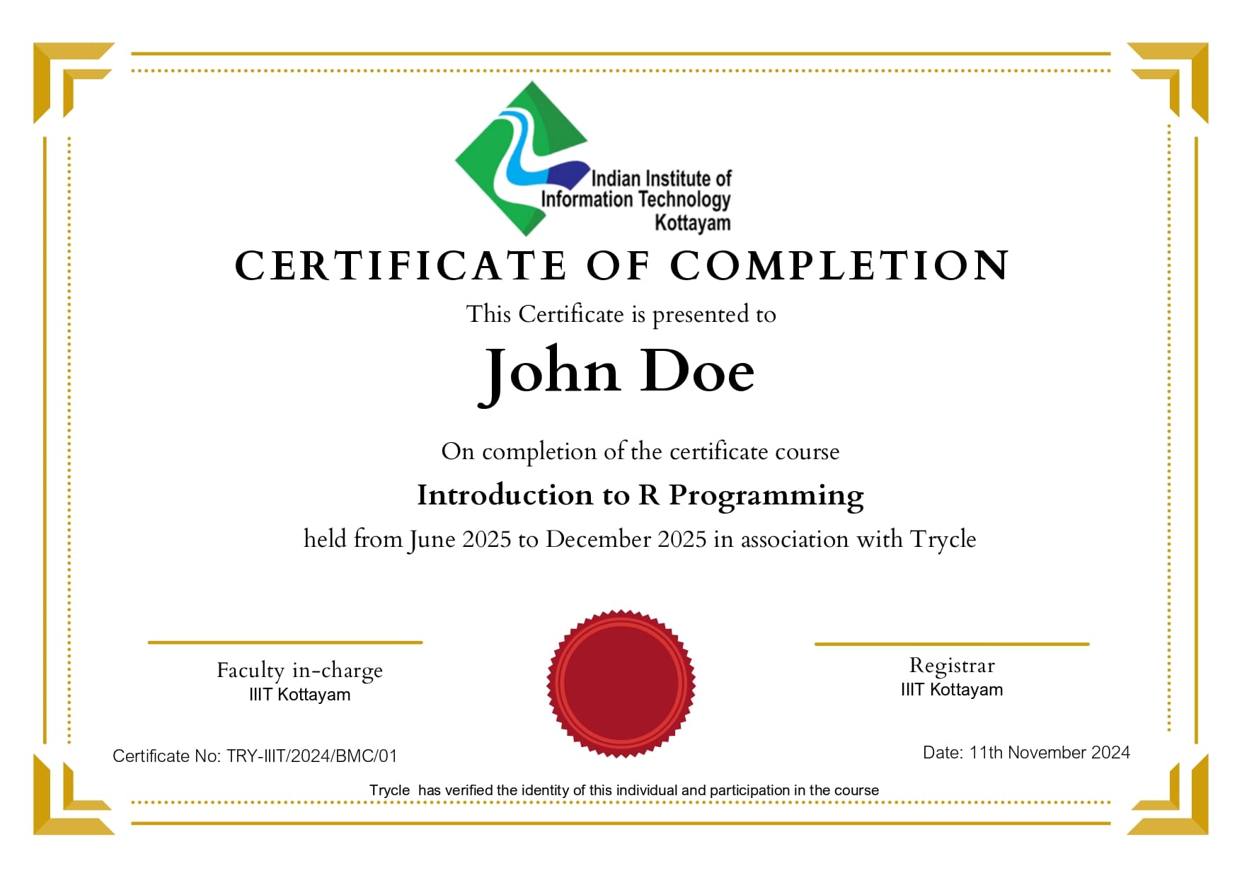Sample subject completion certificate